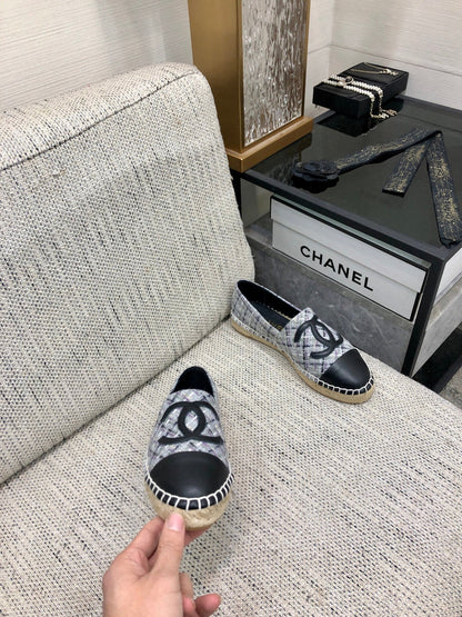 ESPADRILLE COLORFUL TWEED FABRIC AND BLACK CALFSKIN FLATS