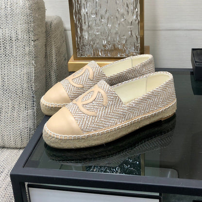 ESPADRILLE BISQUE BEIGE TWEED FABRIC AND CALFSKIN FLATS