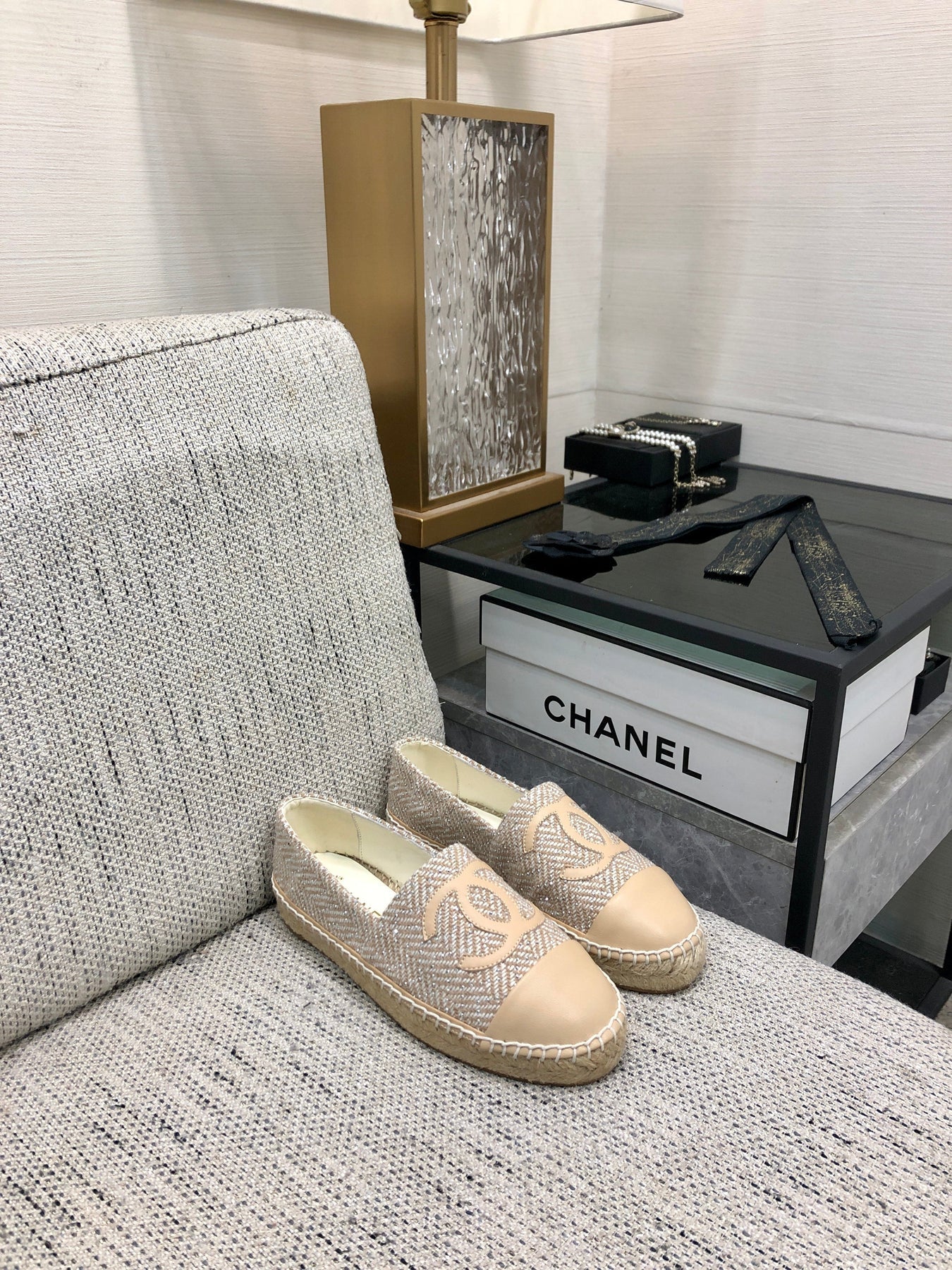 ESPADRILLE BISQUE BEIGE TWEED FABRIC AND CALFSKIN FLATS