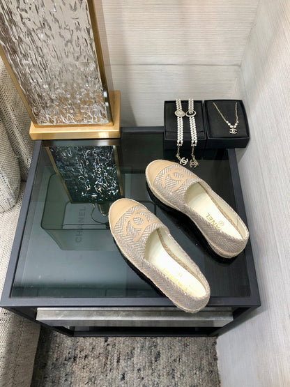 ESPADRILLE BISQUE BEIGE TWEED FABRIC AND CALFSKIN FLATS