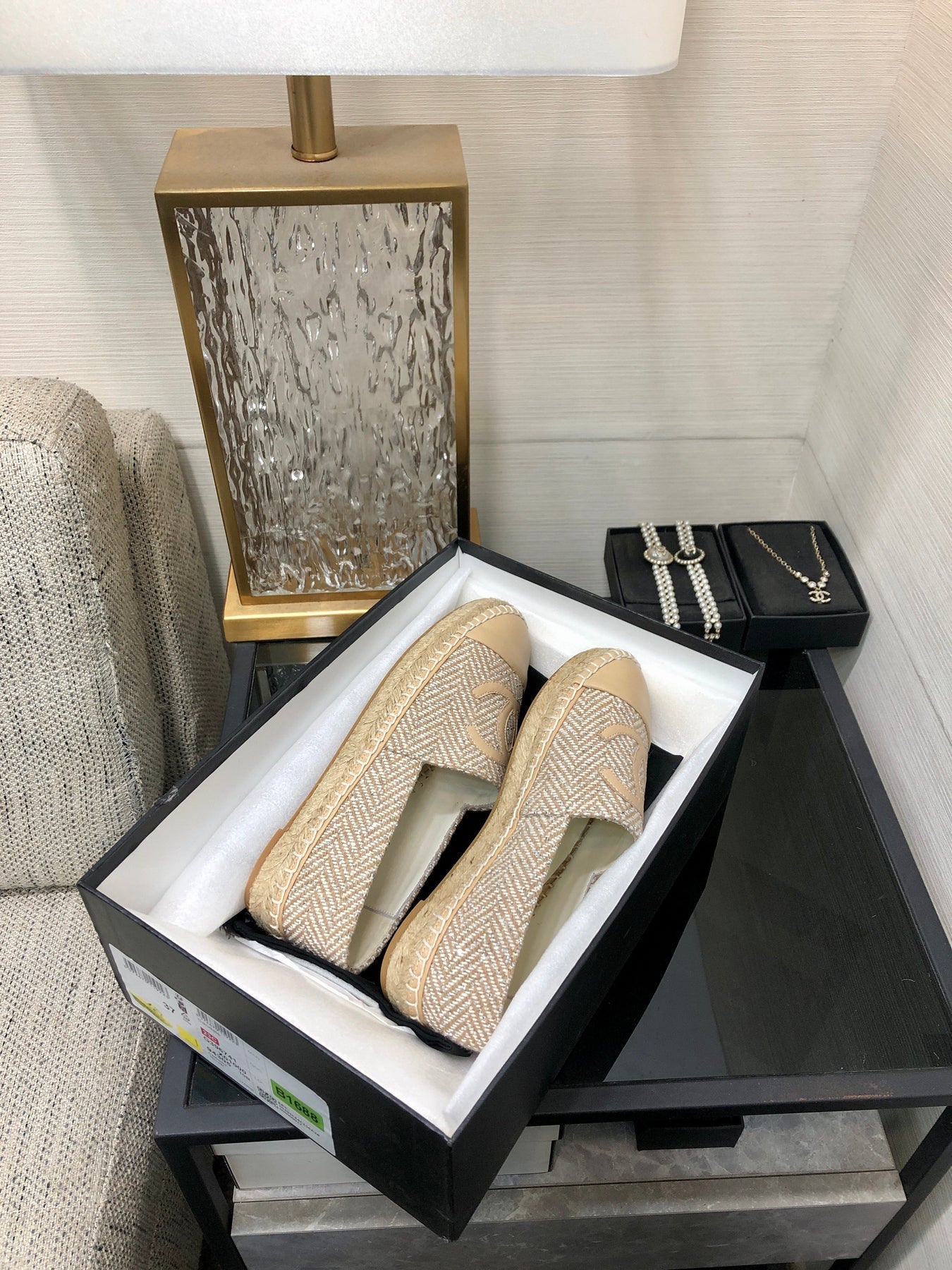 ESPADRILLE BISQUE BEIGE TWEED FABRIC AND CALFSKIN FLATS