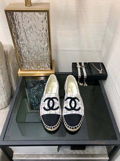ESPADRILLE WHITE MIX BLACK TWEED FABRIC FLATS