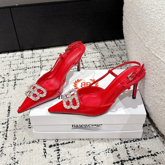 POINTED HIGH SLINGBACK IN RED PATENT CALFSKIN WITH CRYSTAL BUCKLE