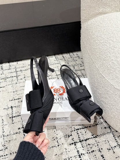 KNIFE CHEMISE 45MM SLINGBACK IN BLACK COTTON AND CALFSKIN