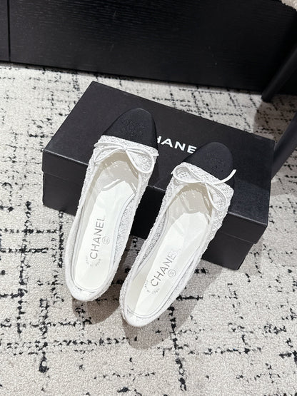 BALLET FLAT 25S IN WHITE MIX BLACK TWEED