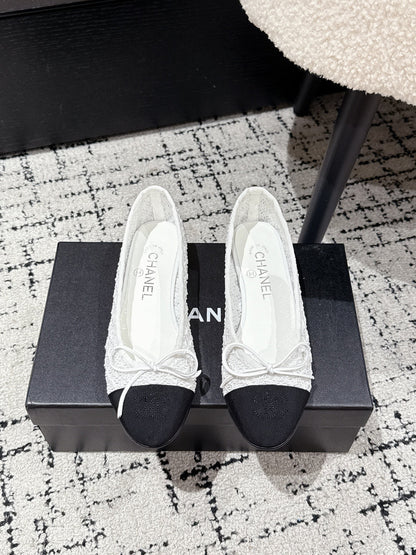 BALLET FLAT 25S IN WHITE MIX BLACK TWEED