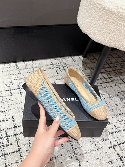 BALLET FLAT 25S IN BLUE AND BEIGE RAFFIA