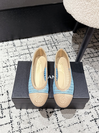 BALLET FLAT 25S IN BLUE AND BEIGE RAFFIA