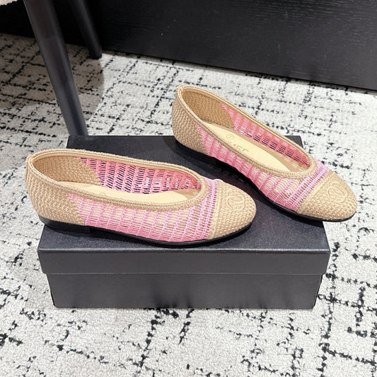 BALLET FLAT 25S IN PINK AND BEIGE RAFFIA