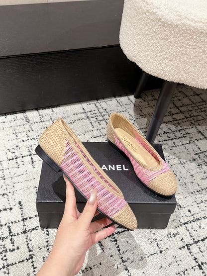 BALLET FLAT 25S IN PINK AND BEIGE RAFFIA