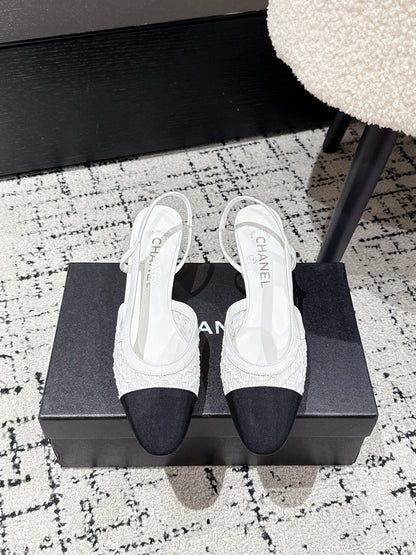 HIGH SLINGBACK 25S IN WHITE FABRIC AND BLACK CALFSKIN CANVAS