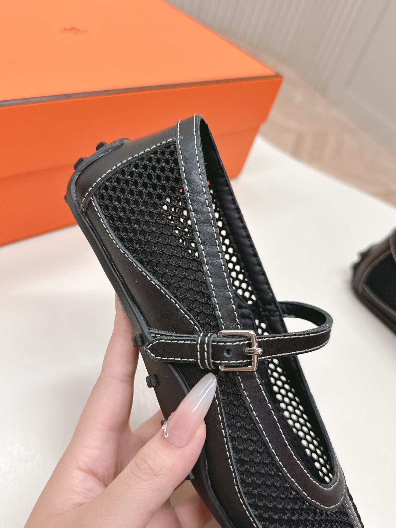 KICHU BALLET FLAT IN BLACK CROCHET KNIT AND CALFSKIN