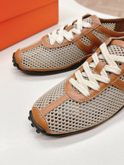KIGA SNEAKER IN WHITE CROCHET KNIT AND BRONZE BROWN CALFSKIN