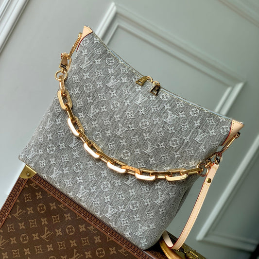 COUSSIN HOBO MM 38 IN GREY MONOGRAM DENIM