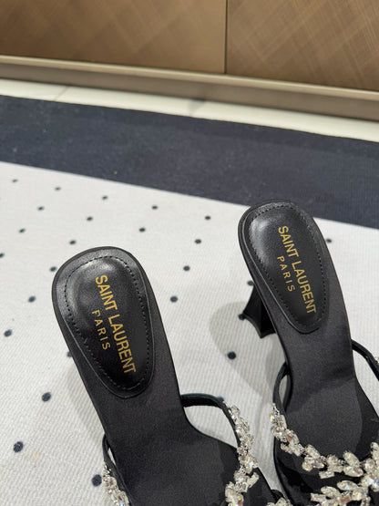 HIGH RHINESTONE CROSS STRAP MULES IN BLACK SILK