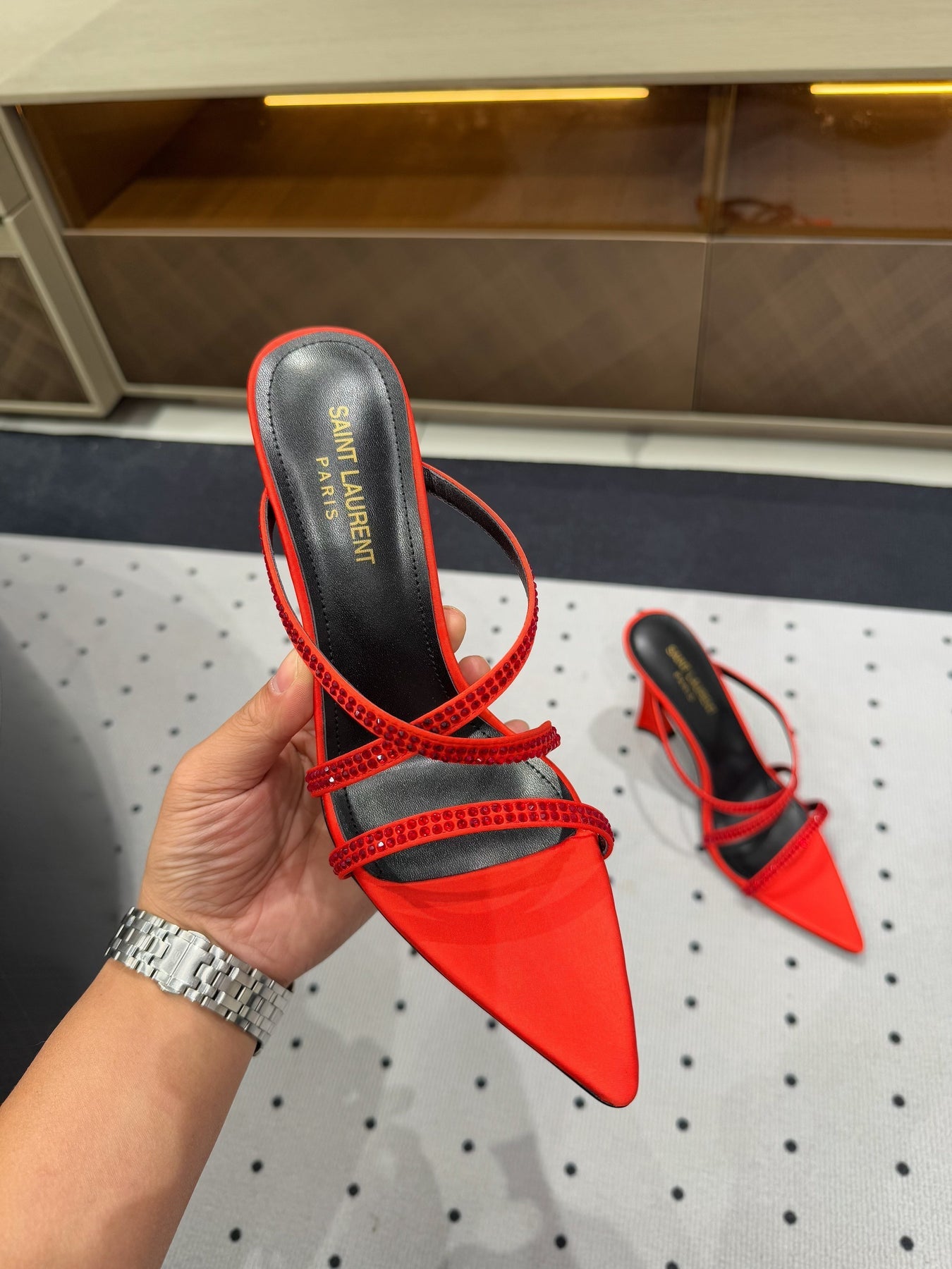 HIGH CRYSTAL STRAP SANDALS IN RED SILK