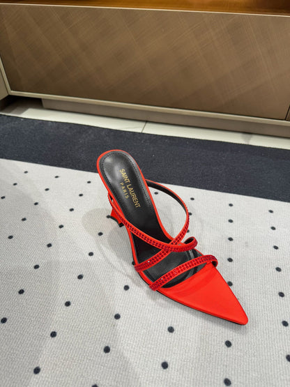 HIGH CRYSTAL STRAP SANDALS IN RED SILK