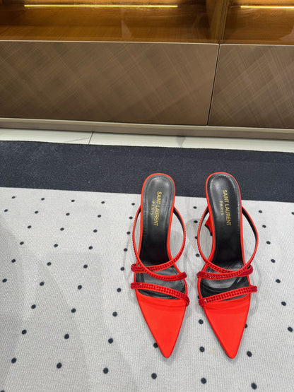 HIGH CRYSTAL STRAP SANDALS IN RED SILK