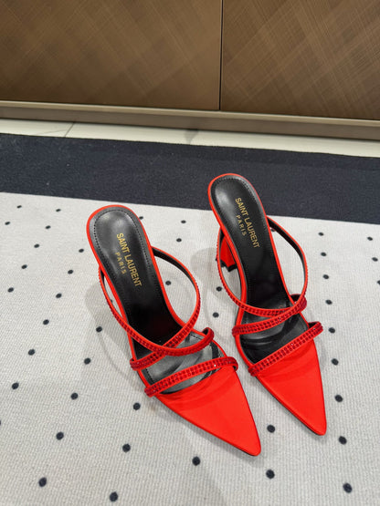 HIGH CRYSTAL STRAP SANDALS IN RED SILK