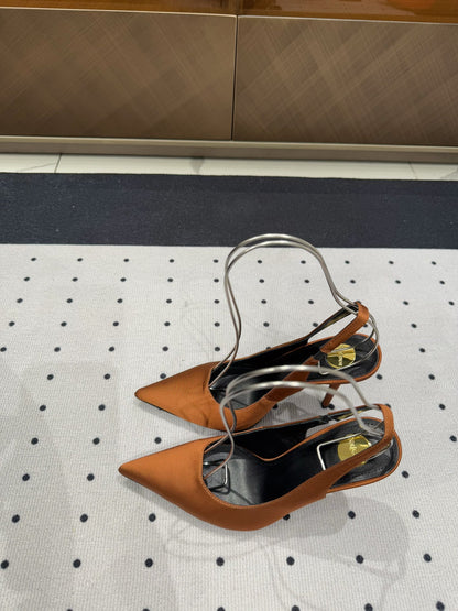 L'ENTRACTE SLINGBACK PUMPS IN BRONZE BROWN SATIN