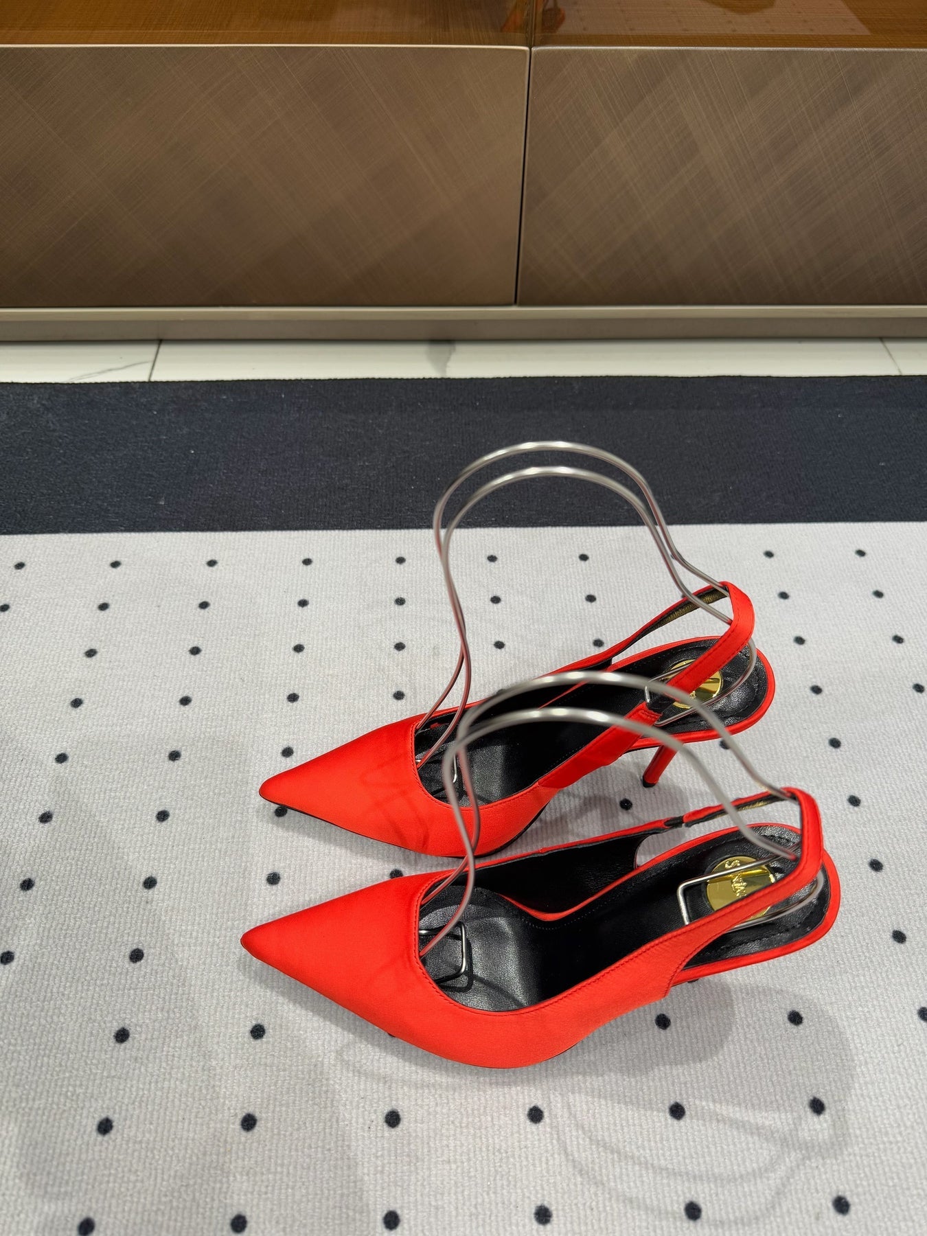 L'ENTRACTE SLINGBACK PUMPS IN RED SATIN