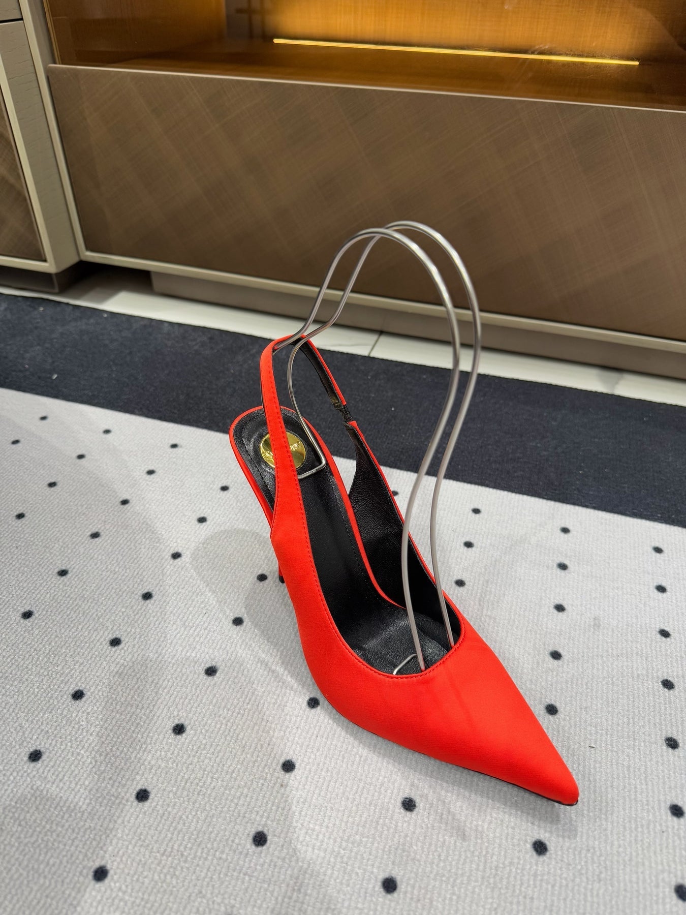 L'ENTRACTE SLINGBACK PUMPS IN RED SATIN