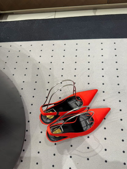 L'ENTRACTE SLINGBACK PUMPS IN RED SATIN
