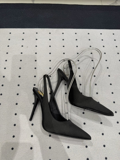 L'ENTRACTE SLINGBACK PUMPS IN BLACK SATIN