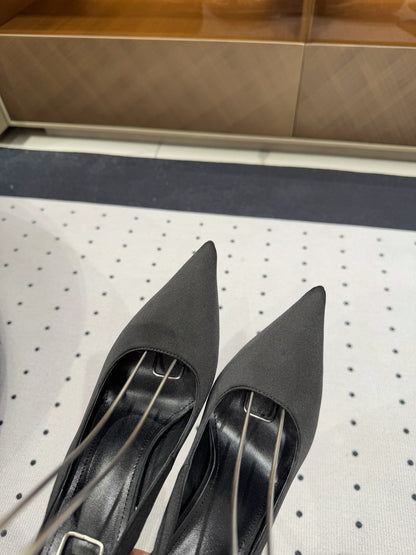 L'ENTRACTE SLINGBACK PUMPS IN BLACK SATIN