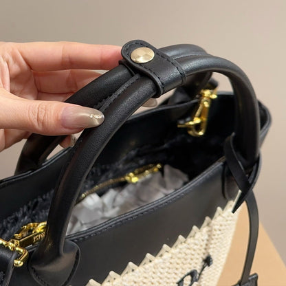 CROCHET TOTE BAG 23 IN BEIGE WOVEN RAFFIA WITH BLACK CALFSKIN STRAP