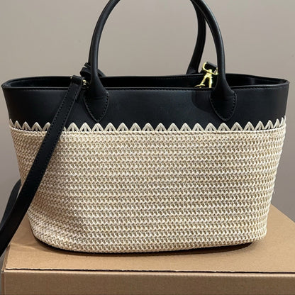 CROCHET TOTE BAG 28 IN BEIGE WOVEN RAFFIA WITH BLACK CALFSKIN STRAP