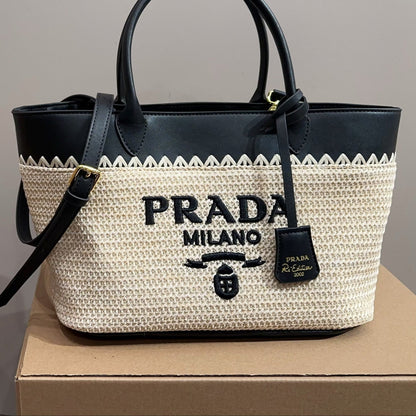 CROCHET TOTE BAG 28 IN BEIGE WOVEN RAFFIA WITH BLACK CALFSKIN STRAP