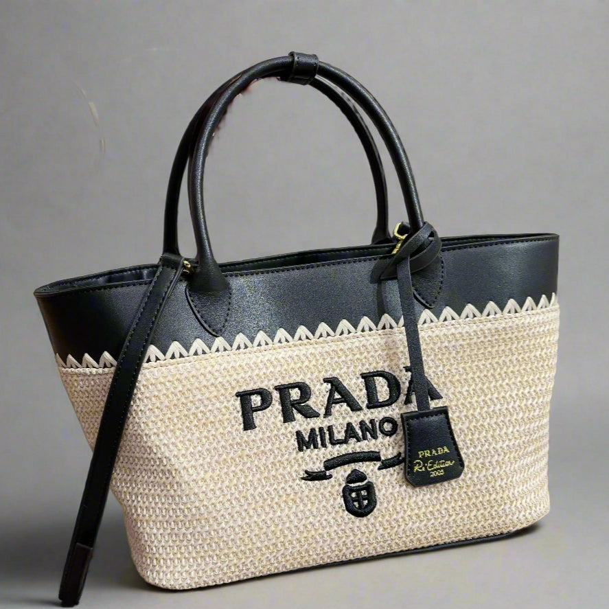 CROCHET TOTE BAG 28 IN BEIGE WOVEN RAFFIA WITH BLACK CALFSKIN STRAP