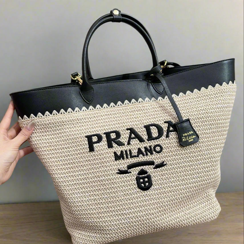 CROCHET TOTE BAG 32 IN BEIGE WOVEN RAFFIA WITH BLACK CALFSKIN STRAP