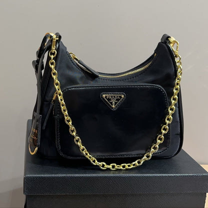 HOBO BAG 22 IN BLACK RE-NYLON AND CALFSKIN WITH GOLD HARDWARE