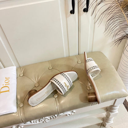 DWAY HEELED SLIDE IN WHITE CALFSKIN WITH GOLD LOGO