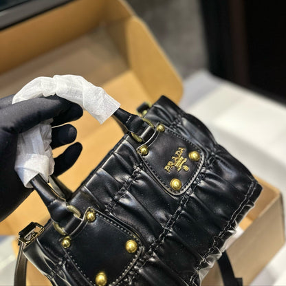 RUCHED TOP HANDLE BAG 19 IN BLACK SAFFIANO LEATHER