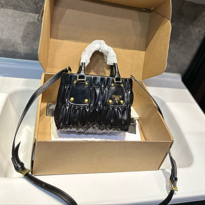 RUCHED TOP HANDLE BAG 19 IN BLACK SAFFIANO LEATHER