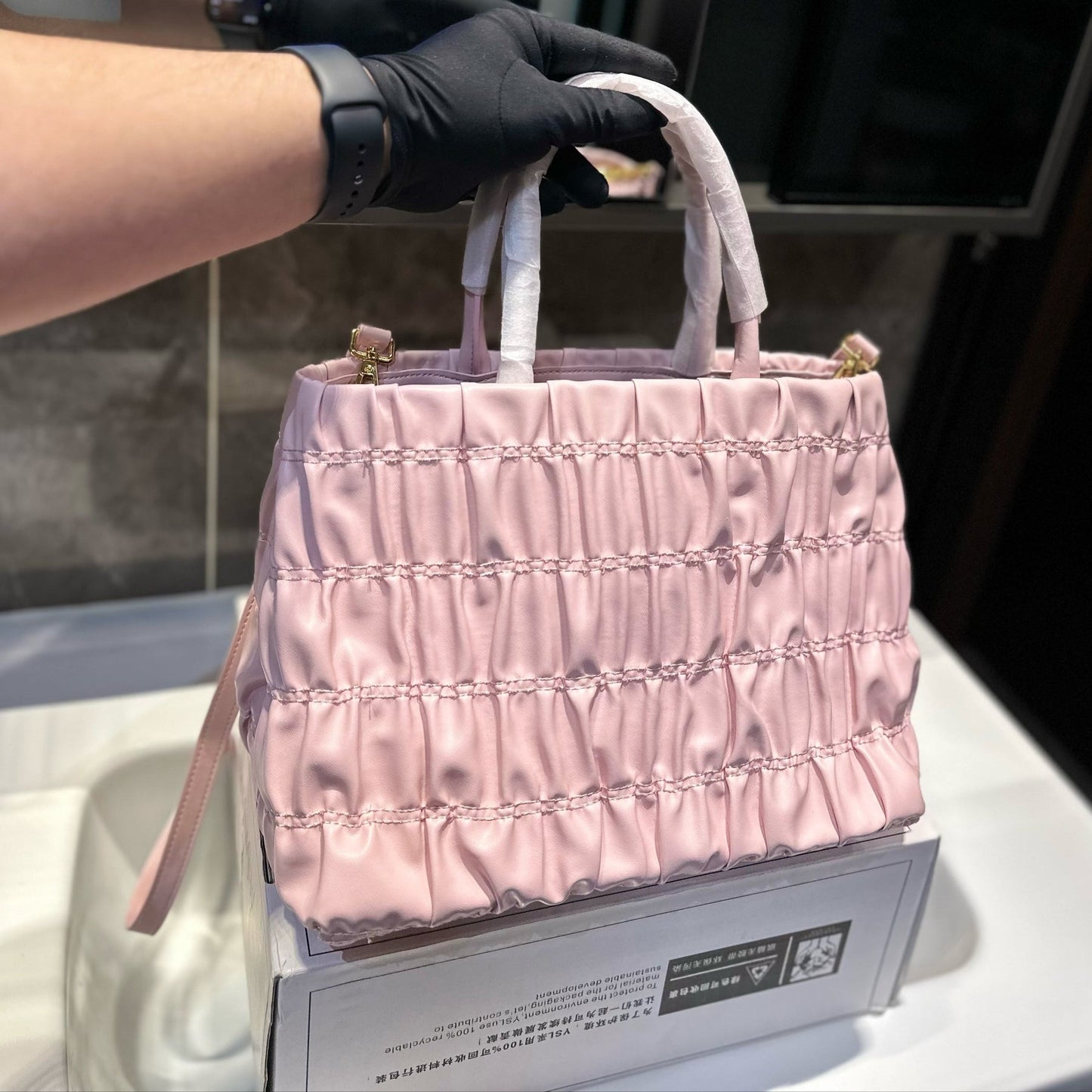 BOW DETAIL RUCHED TOP HANDLE BAG 29 IN LIGHT PINK SAFFIANO LEATHER