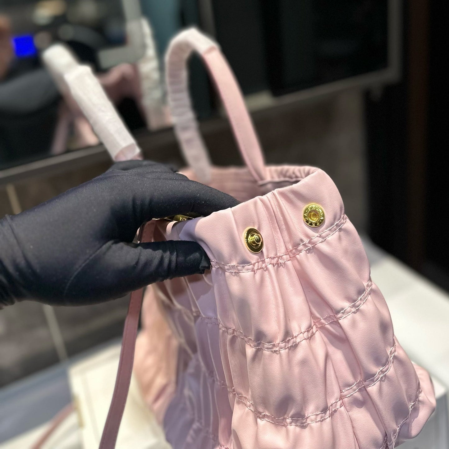 BOW DETAIL RUCHED TOP HANDLE BAG 29 IN LIGHT PINK SAFFIANO LEATHER