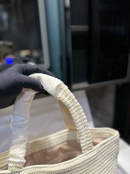 EMBROIDED LOGO MINI TOTE BAG 23 IN WHITE WOVEN RAFFIA