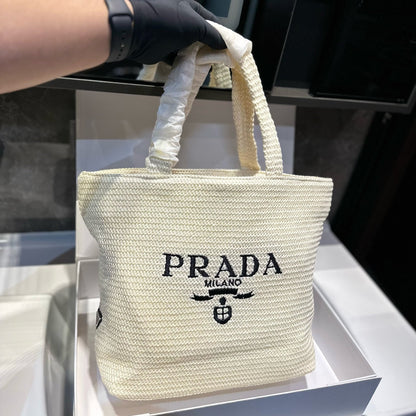 EMBROIDED LOGO MINI TOTE BAG 23 IN WHITE WOVEN RAFFIA