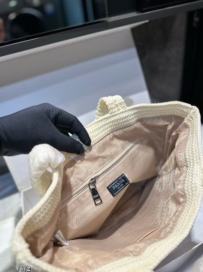 EMBROIDED LOGO MINI TOTE BAG 23 IN WHITE WOVEN RAFFIA