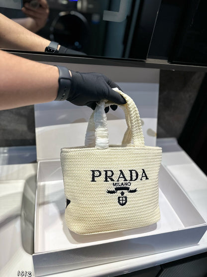 EMBROIDED LOGO MINI TOTE BAG 23 IN WHITE WOVEN RAFFIA