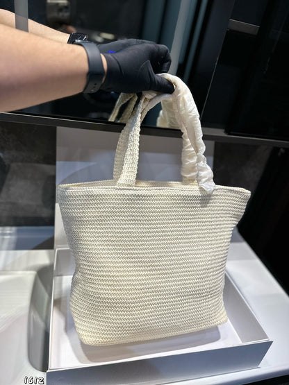 EMBROIDED LOGO MINI TOTE BAG 23 IN WHITE WOVEN RAFFIA