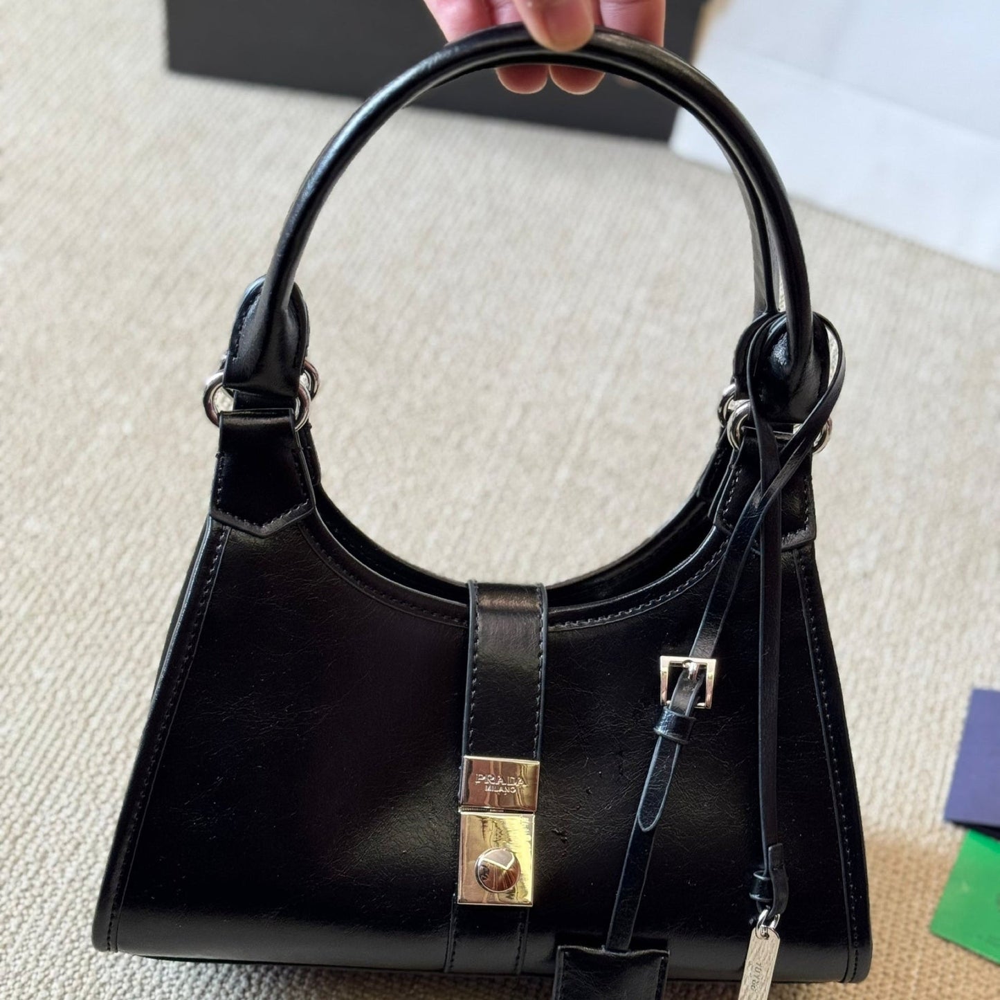 METAL CLASP MINI TOTE BAG 25 IN BLACK SHINY SMOOTH CALFSKIN