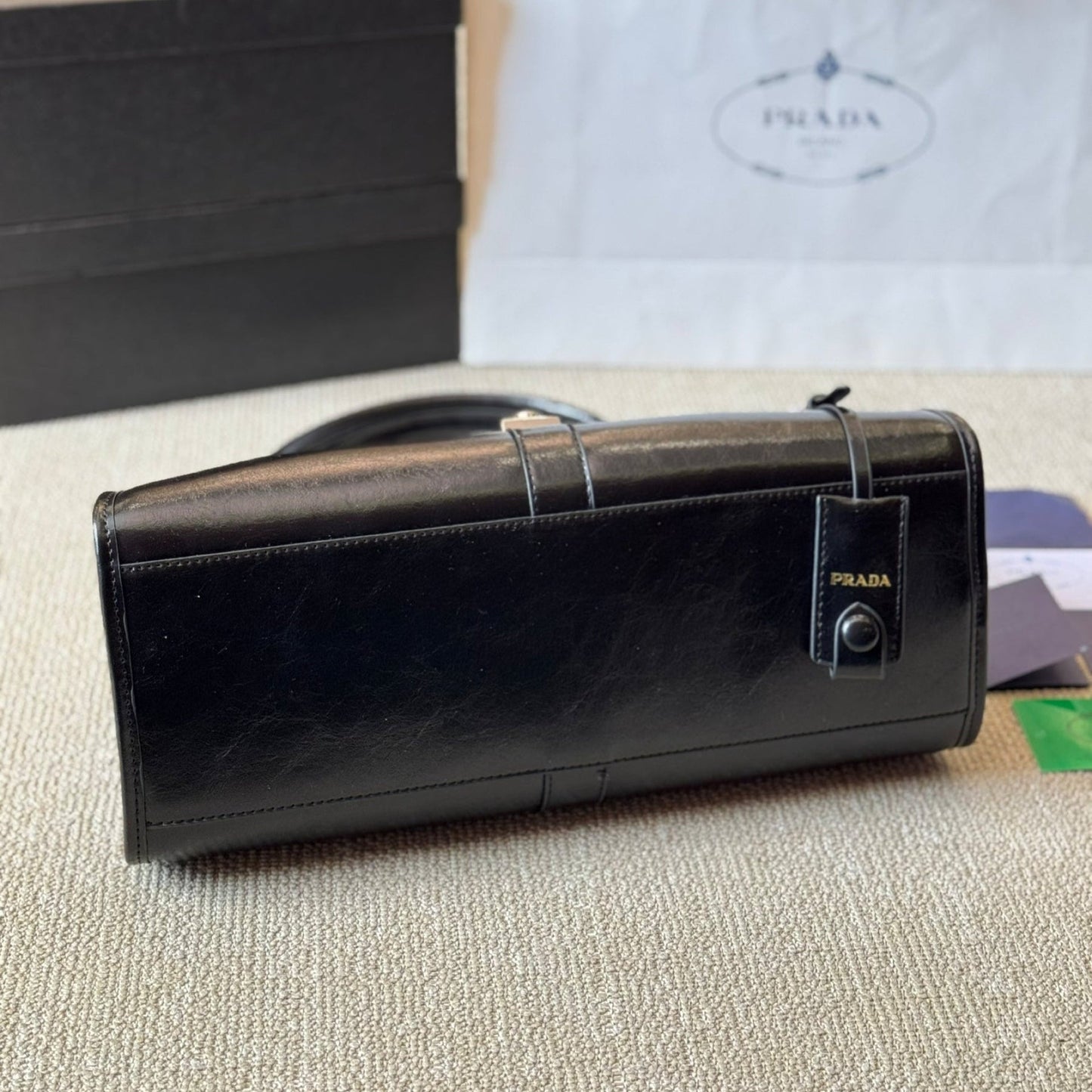 METAL CLASP MINI TOTE BAG 25 IN BLACK SHINY SMOOTH CALFSKIN