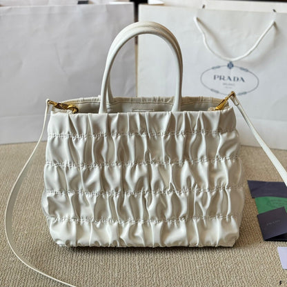 BOW DETAIL RUCHED TOP HANDLE BAG 28 IN WHITE SAFFIANO LEATHER