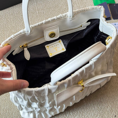 BOW DETAIL RUCHED TOP HANDLE BAG 28 IN WHITE SAFFIANO LEATHER