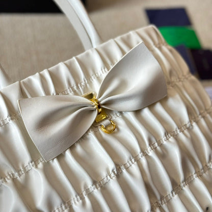 BOW DETAIL RUCHED TOP HANDLE BAG 28 IN WHITE SAFFIANO LEATHER